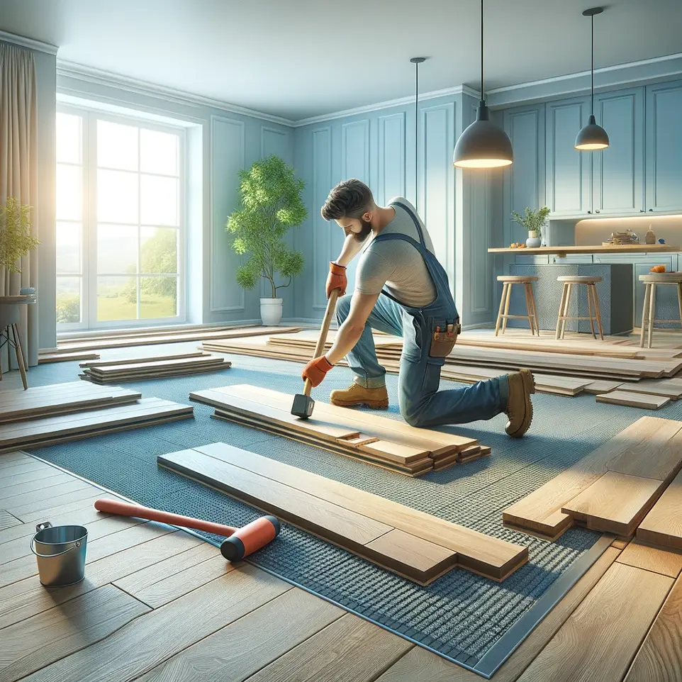 un homme qui installe et demolis du plancher