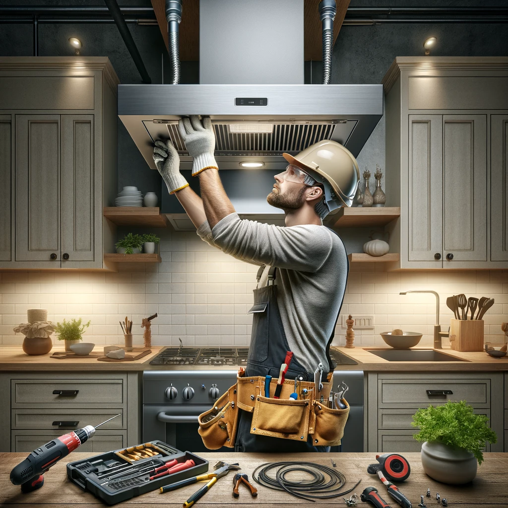 un travailleur qui installe une fan de cuisinière